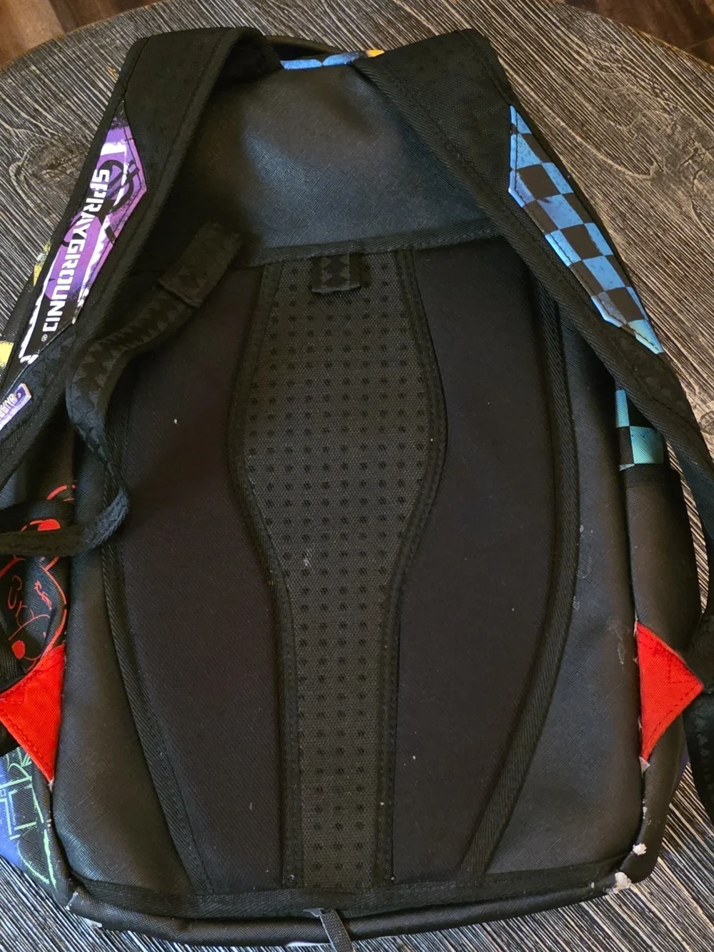 Sprayground Black Backpack with Blue, Purple & Green Graphic Shark Design